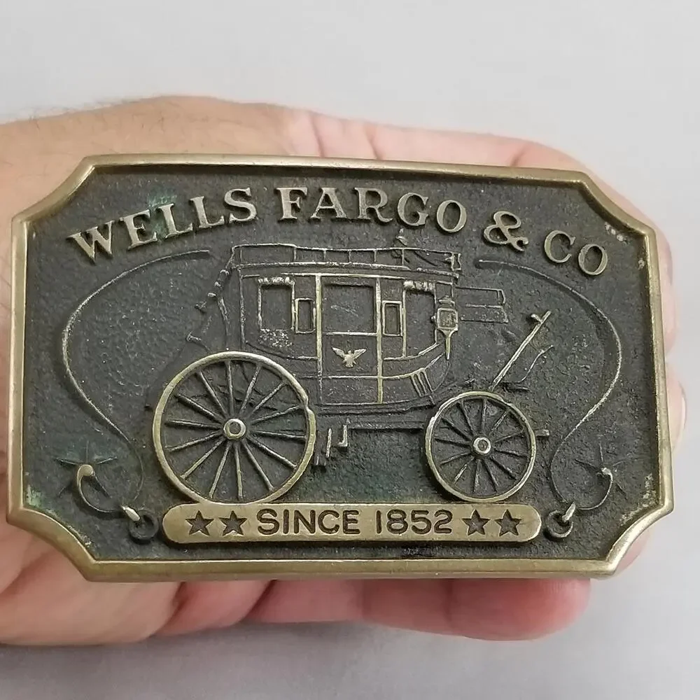 Vintage Belt Buckle 1970s Solid Brass Wells Fargo & Co Since 1852 Wagon USA Made